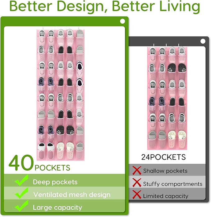 Over the Door Shoe Organizer with 40 Large Breathable Mesh Pockets, Space Saving Shoe Holder, Hanging Shoe Rack for Entryway Bedroom Closet Storage (Pink, 40 Pockets)