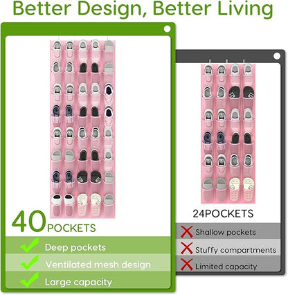 Over the Door Shoe Organizer with 40 Large Breathable Mesh Pockets, Space Saving Shoe Holder, Hanging Shoe Rack for Entryway Bedroom Closet Storage (Pink, 40 Pockets)
