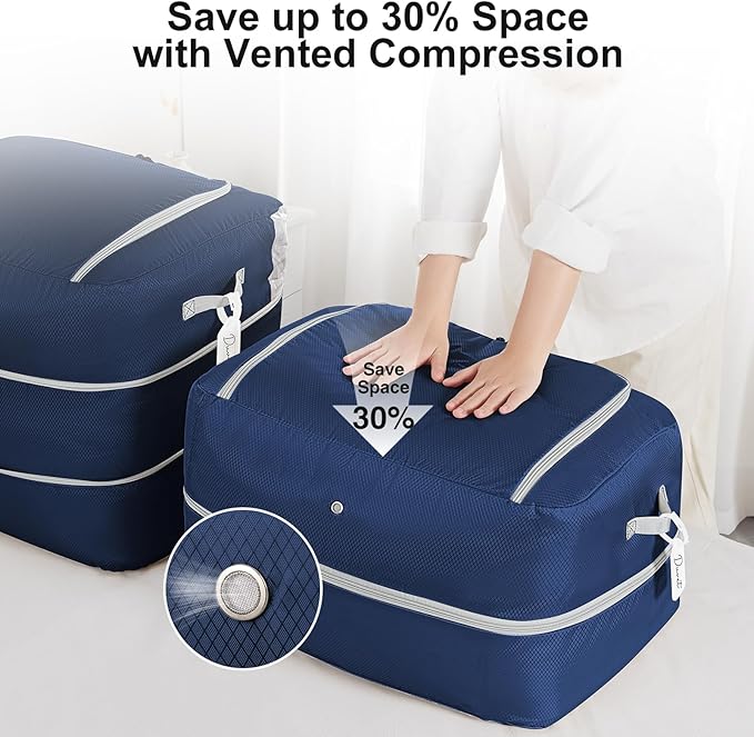 Comforter Storage Bag - 110L Large Capacity Blanket Storage Bags Ultra Space Saving Self Compression Organizer, Washable Compression Bags for Storage Comforter Blanket, 4-Pack, Navy Blue