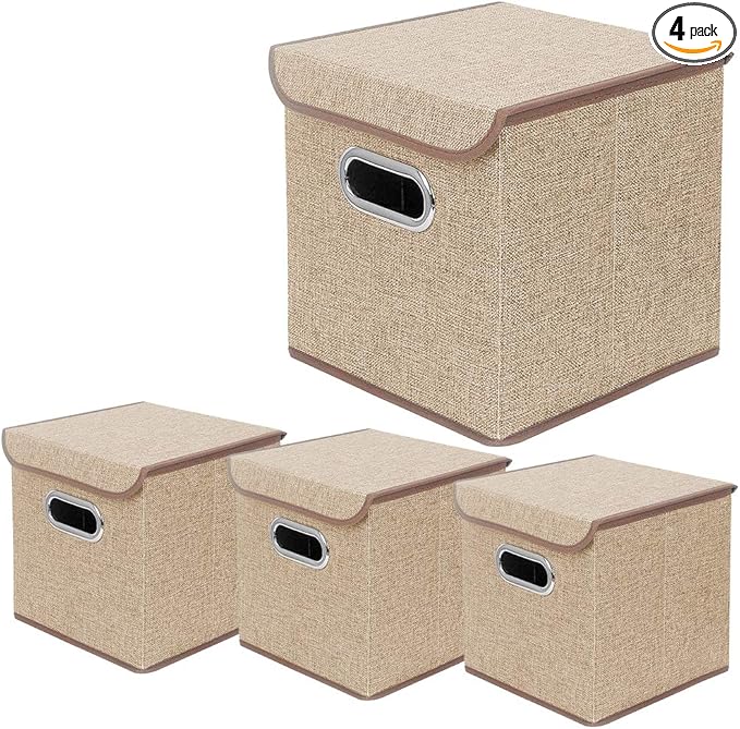 Storage Bin [Set of 4] Linen Fabric Foldable Container with Lid, Collapsible Organizer Boxes Cubes – 10 x 10 x 10 Inches (Beige)