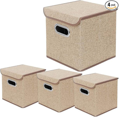 Storage Bin [Set of 4] Linen Fabric Foldable Container with Lid, Collapsible Organizer Boxes Cubes – 10 x 10 x 10 Inches (Beige)