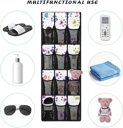 Colored Dog Paw Hanging Storage Bags,Shoe Organizer Door Hanger with 12 Mesh Large Pockets,Space Saver Hanging Shoe Storage Hanging Bag
