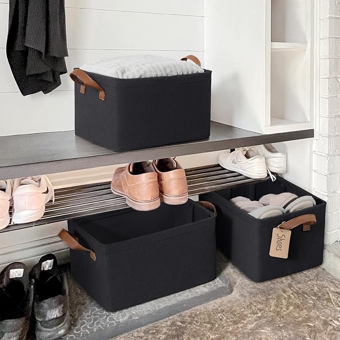 CHICVITA Black Storage Bins Shoe Basket for Entryway, Closet Toy Storage Bins with Handles for Kids, Small Laundry Basket, 14 ¾" L x 10 ¼" W x 8 ¼" H, 2-Pack