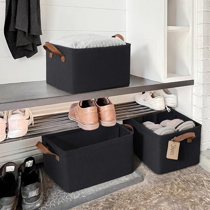 CHICVITA Black Storage Bins Shoe Basket for Entryway, Closet Toy Storage Bins with Handles for Kids, Small Laundry Basket, 14 ¾" L x 10 ¼" W x 8 ¼" H, 2-Pack