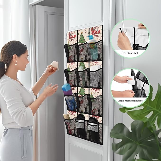 Christmas Shoe Organizer Over The Door for Living Room Christmas Tree Door Hanging Shoe Organizer with 12 Pockets,Mesh Fabric with 4 Metal Hook Wall Hanging Storage
