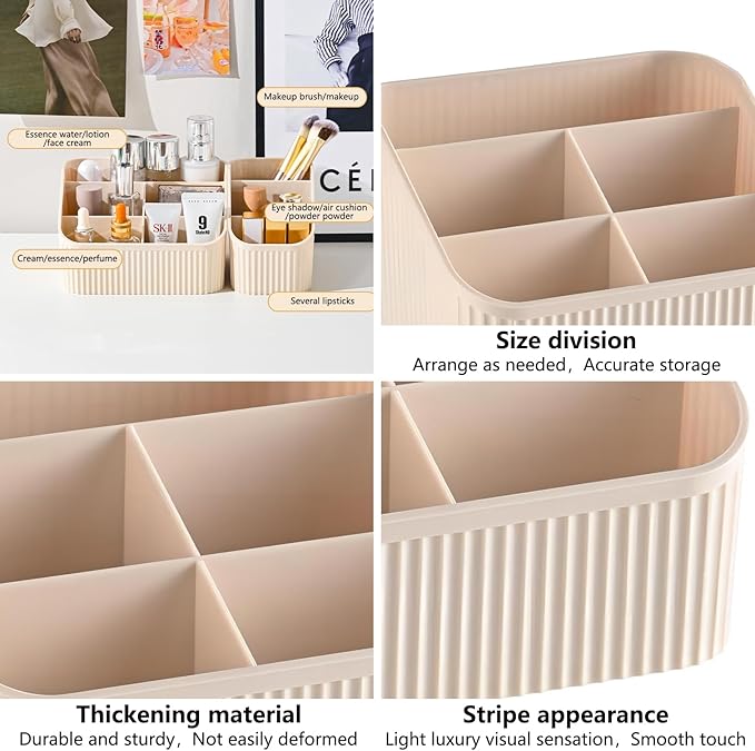 DASITON Large Capacity Makeup Brush Holder,3 Slots Makeup Brush Cup,Vintage striped Make Up Brush Holder,for Vanity Decor,Bathroom Countertops,Desk Storage Container,Cosmetic Display cases(Cream)