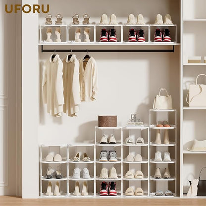 UFORU Vertical Shoe Rack, 9-Tier Plastic Stackable Storage Shelf for Small Closets and Narrow Spaces, Compact Free Standing Shoe Racks for Entryway Bedroom Dormitory