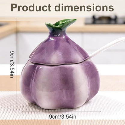 Ceramic Salt Container、Cute Onion Shaped Salt Cellar 、Salt Cellar with Lid and Spoon、Multi-Purpose Kitchen Spice Container for Salt Sugar or Spices Storage （Purple）