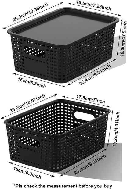 Black Plastic Storage Baskets with Lids 12 Pack Stackable Storage Bins Containers for Shelves Organizing, Cute Decorative Storage Boxes for Classroom, Playroom, Closet, Pantry