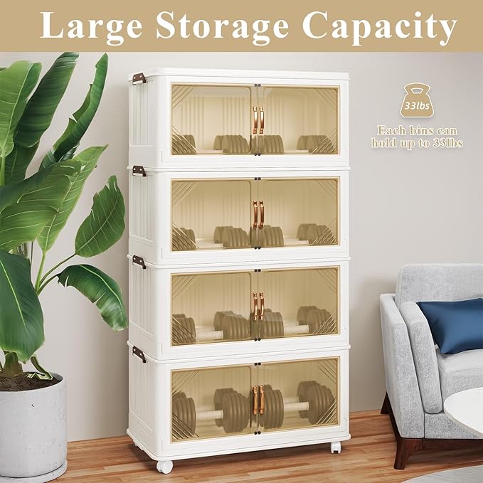 Storage Bins with Lid, 111 Gal/444 Qt, 4 Pack Large Stackable Storage Bins with Lid, White Collapsible Storage Bins with Wheels, Foldable, Customizable, for Home Office Organization