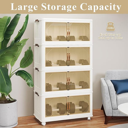 Storage Bins with Lid, 120 Gal/480 Qt Capacity, 4 Pack Large Stackable Storage Bins with Lid, White Collapsible Lidded Bins with Wheels, Customizable, Foldable, for Home Organization