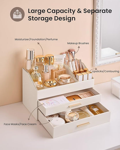 Lolalet Makeup Organizer for Vanity Desk, 3-Layer PU Leather Luxury Make Up Storage Cosmetics Holder Box with Drawers -Cream