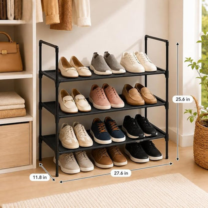Shoe Rack Organizer, 3-Tier Shoe Rack for Closet and Entryway, Metal Shoe Storage Shelf with Fabric Shelves, Space Saving Shoe Organizer for Closet, Garage Storage, Bedroom, Hallway, Black (3-Tier)