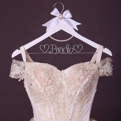 White Solid Wood Bridal Dress Hanger with Bridal Wire Lettering for Bridal Wedding Party Gift (White Hanger Silver Thread and Pearl Chain)