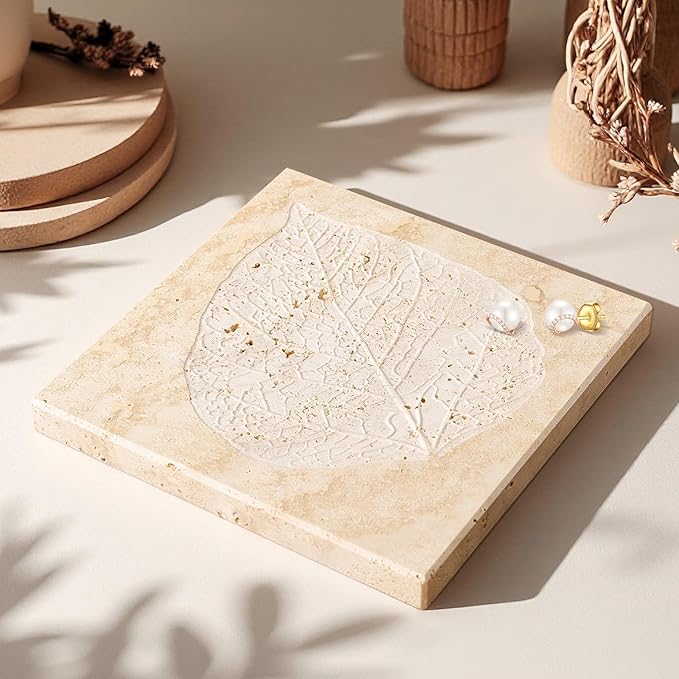 Marble Leaf Embossed Tray, Natural Golden Travertine Vanity Decorative Marble Tray for Bathroom, Jewelry, Kitchen and Desktop, Decorative Stone Pallet for Cosmetics, Perfume and Home Decor