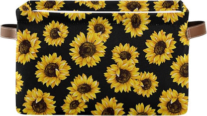 Bolaz Large Storage Basket Sunflower Black Foldable Storage Box Organizer Bins with Handles for Bedroom Home Office