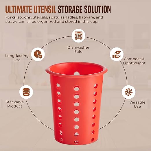 OCS Parts Perforated Utensil Drying Cups | Red | Set of 3 | Plastic Flatware Holder Cylinders for Kitchen Counter Organization