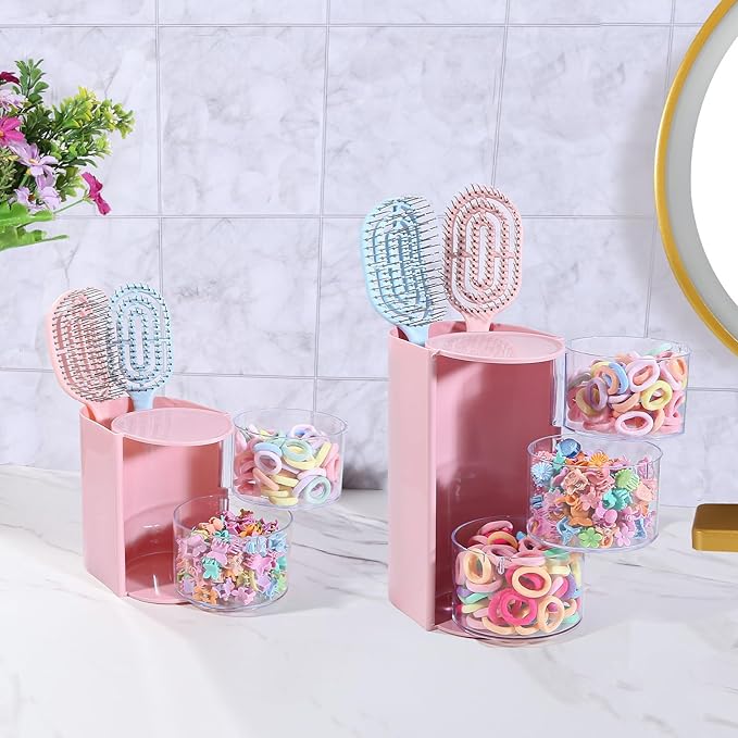 DASITON 2-Layer Makeup Brush Holder with Hair Accessories Organizer, Rotatable Desktop Organizer Case for Hair Clip, Makeup Sponge, Jewelry and Hair Accessories, Hair Brush Holder for Vanity (Pink)