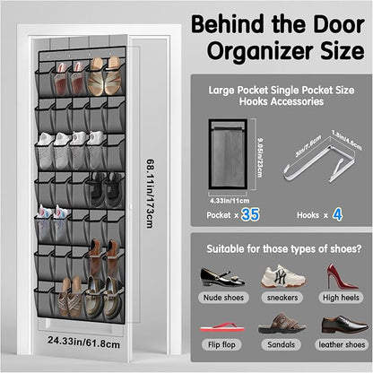 Kotkn 35 Compartment Over The Door Storage - Breathable Mesh Hanging Organizer with Large Pockets, Space Saving Design for Men & Women's Footwear, Closet, Bedroom (Gray)
