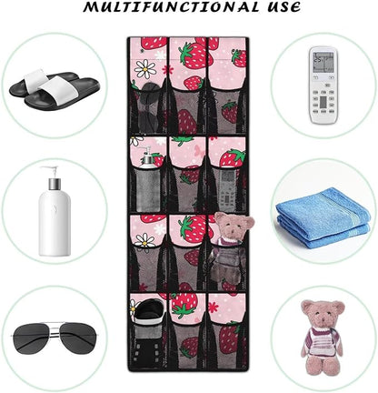Pink Door Hanging Shoe Organizer Mesh Fabric Over The Door Shoe Organizer for Closet 12 Pockets Strawberry Wall Hanging Storage Space Saving Shoe Holder Hanger