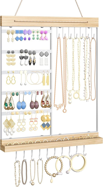 Feyejade Hanging Jewelry Organizer and Storage, 5-Tier White Earring Necklace Holder Jewelry Display Organizer Stand Rack, Wall Mounted for Earrings Necklaces Bracelets and Rings, White