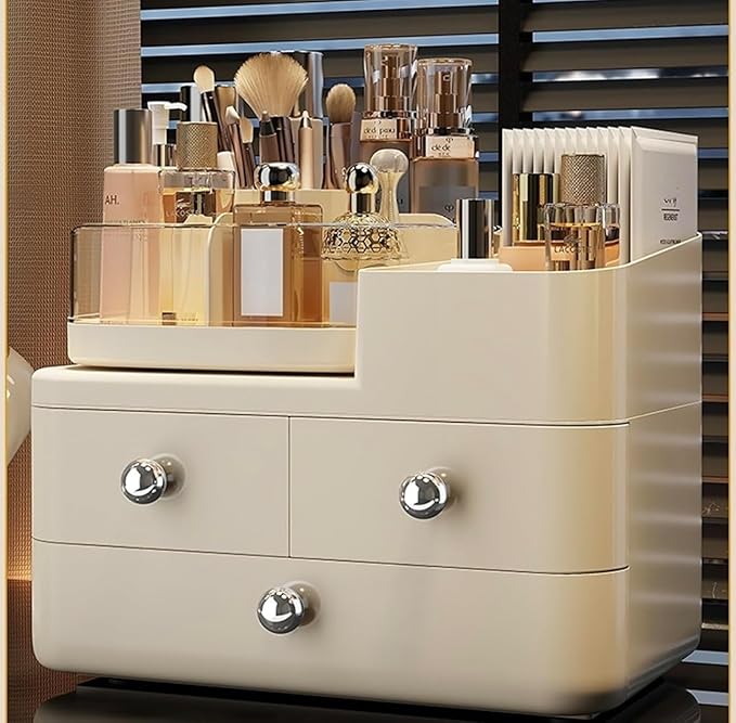 Cosmetic Organizer with 3 Drawers, Makeup Storage Display Case, White Vanity Beauty Container, Chrome Knobs