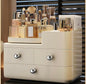 Cosmetic Organizer with 3 Drawers, Makeup Storage Display Case, White Vanity Beauty Container, Chrome Knobs
