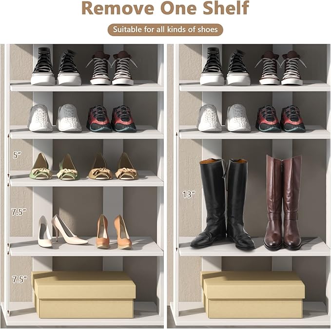 Giantex 8-Tier Wooden Shoe Rack, Patented Double Row Shoe Organizer for 16 Pairs, Customizable Height, Space-Saving Shoe Storage Stand for Entryway, Hallway, Living Room, Bedroom (White, Double)