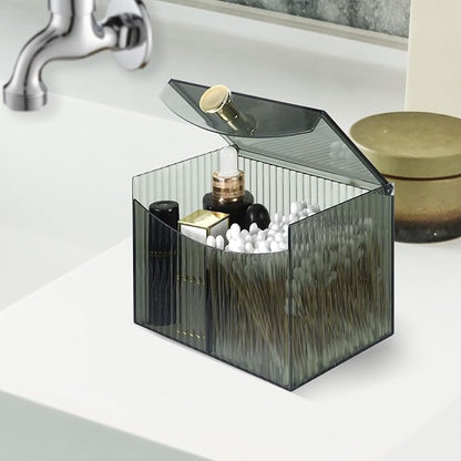 2-Grid Green Qtip Holder Dispenser,Transparent Cotton Ball Holder,Clear Bathroom Organizer with Lid Guest Bathroom Essentials for Cotton Swabs and Balls Container Cosmetics Storage for Vanity