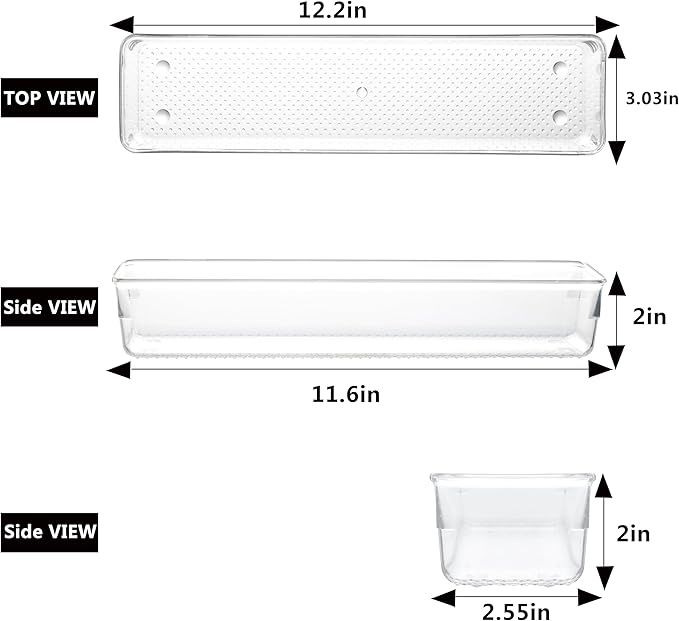 6 Set Clear Plastic Junk Drawer Organizer Vanity Curlery Utensil Makeups Organizer for Kitchen 12'' X 3''