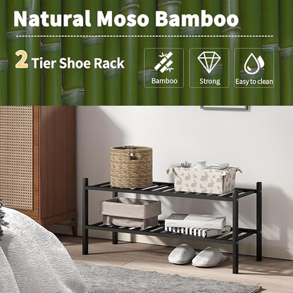 Shoe Rack, 2-Tier Bamboo Stackable Shoe Shelf Storage Organizer, Shoe Stand for Closet, Entryway and Hallway