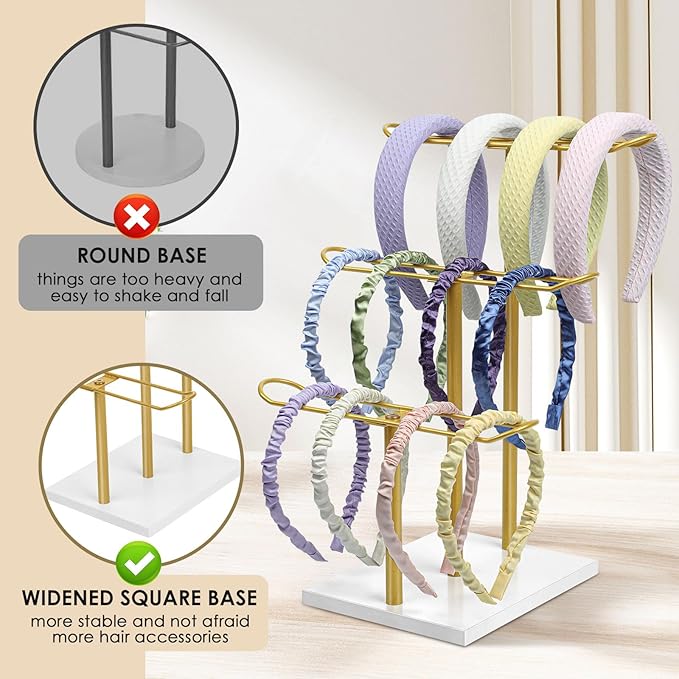 Headband Organizer Metal 3-Tier Hair Hoop Display Stand Headband Holder Organizer Storage Hair Ropes Accessories Bracelets Bangles Bedroom College Dorm Decor for Girls Women, Gold
