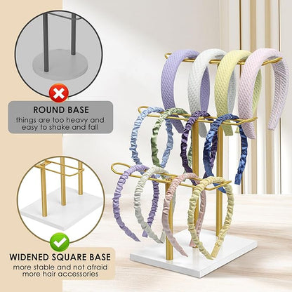 Headband Organizer Metal 3-Tier Hair Hoop Display Stand Headband Holder Organizer Storage Hair Ropes Accessories Bracelets Bangles Bedroom College Dorm Decor for Girls Women, Gold