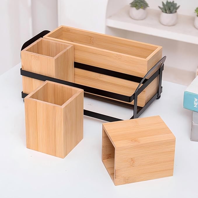 Silverware Caddy Wood Utensil Holder Paper Plate Dispenser Diningware storage box Cutlery Flatware Organizer Box for Spoons Forks Plates Napkins