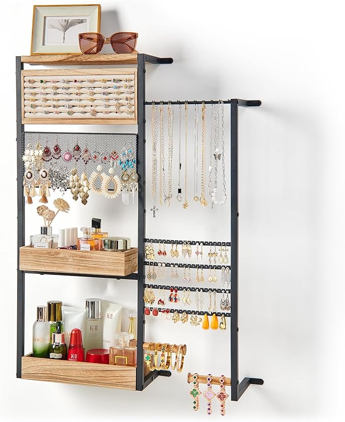 Pinzoveco Hanging Jewelry Organizer Wall Mounted, Large Hanging Jewelry Organizer Holder for Necklaces,Bracelest,Earrings,Rings,Watched,Makeup & Perfume (Black)