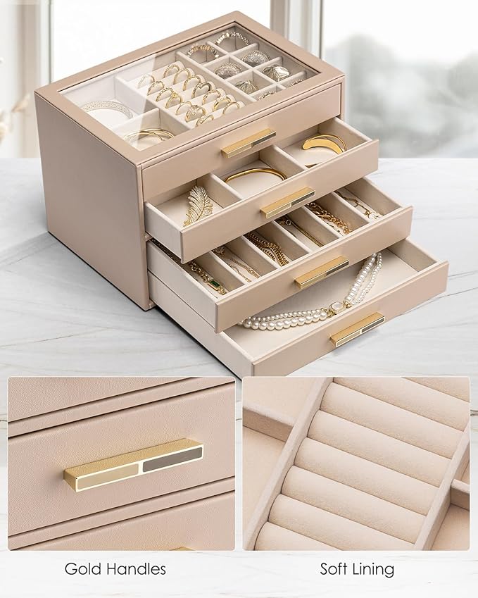 VLANDO 4 Layer Jewelry Box for Women, Mothers Day Gifts for Women, Glass Lid Jewelry Organizer with 4 Drawers for Necklaces Rings Earrings Bracelets - Toffee