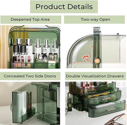 Green Drawers Portable Cosmetics Storage Box Transparent Lid Large Makeup Organizer Box Handle Waterproof Dustproof Skincare Display Cases for Countertop Bathroom Dresser