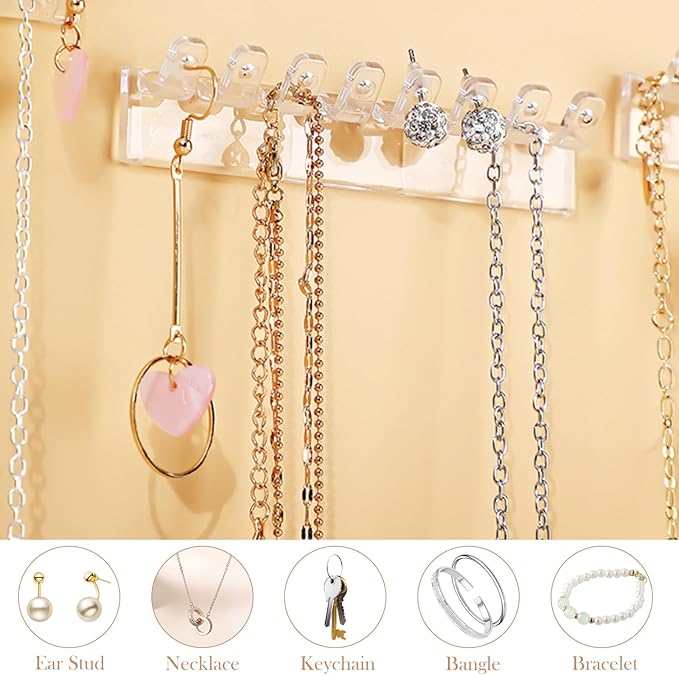6 Pack Jewelry Organizer - Clear Wall-Mounted Holder, Easy to Install, 3.7" x 0.6", with 8 Hooks for Necklaces, Bracelets, Earrings, and Keys