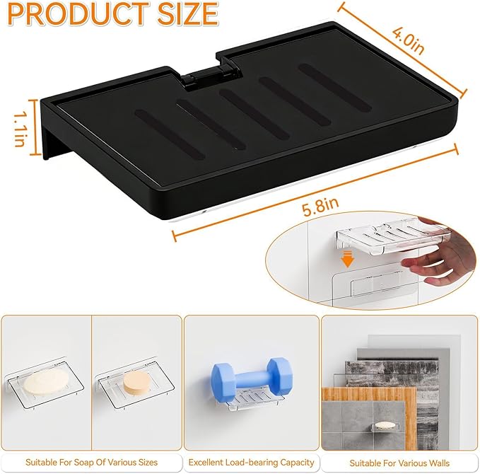 SUOXING 2 Pack Bar Soap Holder for Shower Wall,Self Draining Adhesive Soap Holder,Rustproof Wall Mounted Acrylic Shower Soap Rack & Caddy for Bathroom,Bath,Kitchen,No Drilling PlasticSoap Shelf,Black