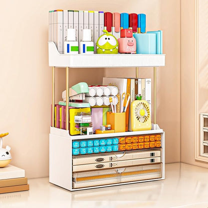 caktraie Bathroom Organizers and Storage - 3 Drawers 2 Tier Makeup Organizer, Cosmetic Storage Drawer for Dresser Countertop and Bathroom Vanity for Large Skincare, Perfume, Amber