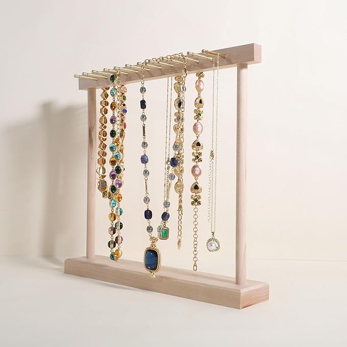 Medium necklace hanger shelf with 12 copper bars, Wooden jewelry storage organizer rack for hanger necklace bracelet, necklace display stand for boutique store【Maple】