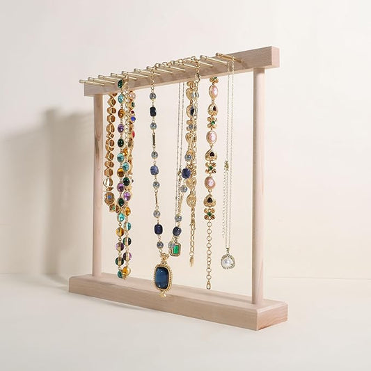Medium necklace hanger shelf with 12 copper bars, Wooden jewelry storage organizer rack for hanger necklace bracelet, necklace display stand for boutique store【Maple】