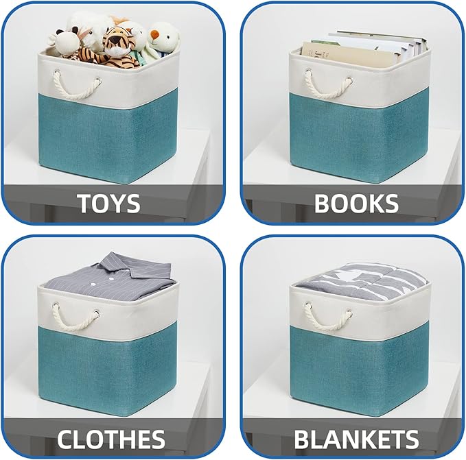 Temary Fabric Storage Set - 4 Large Cube Baskets (13x13), White & Teal