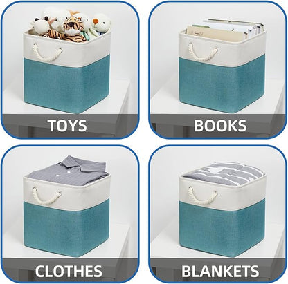 Temary Fabric Storage Set - 4 Large Cube Baskets (13x13), White & Teal