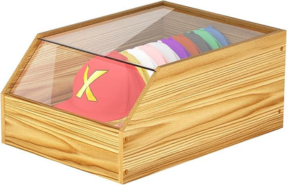 Wooden Hat Organizer Box for Baseball Caps, Hats Holder Box with Pullable Acrylic Lid Large Cap Storage for Closet Countertop (charcoal color)