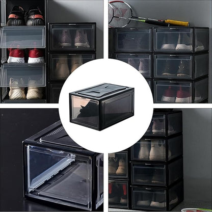 NUOBESTY Small Sneaker Shoe Box Clamshell Lid, Stackable Drawer-style Shoe Storage Container for Men and Women, Black Snap Closure Organizer for Closet and Display