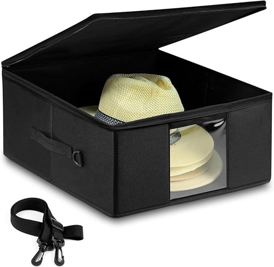 Teraves Large Cowboy Hat Storage Box, All Around Hardboard Support, Crush-Proof, Dust-Proof, Wide Brims Hat Travel Case with Shoulder Strap Carrying Handle and Trolley Sleeve, Black