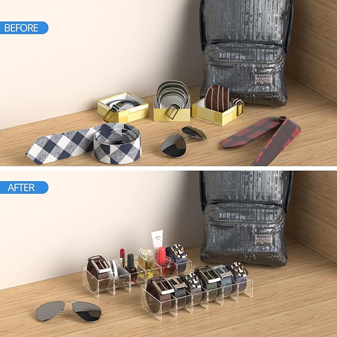 Belt Organizer, KDSKSC 6 Pack Acrylic Belt Storage Holder with Magnet, Detachable Storage Belt Container Clear Display Case for Closet and Drawer Belts Tie Bow Tie