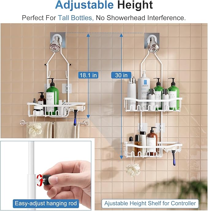 Upgraded Extended Length Shower Organizer with Hooks, Rustproof Shampoo Soap Holder, Large Hanging Bathroom Caddy