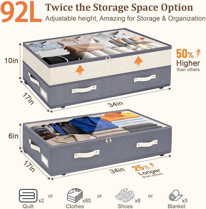 Dolicer 4 Pack Under Bed Storage with Wheels, 6in-10in Height Adjustable Underbed Storage Containers, 92L XXXL Under Bed Drawers Rolling Bin with Clear Lids for Dorm Shoes Clothes Organizer(Dark Grey)
